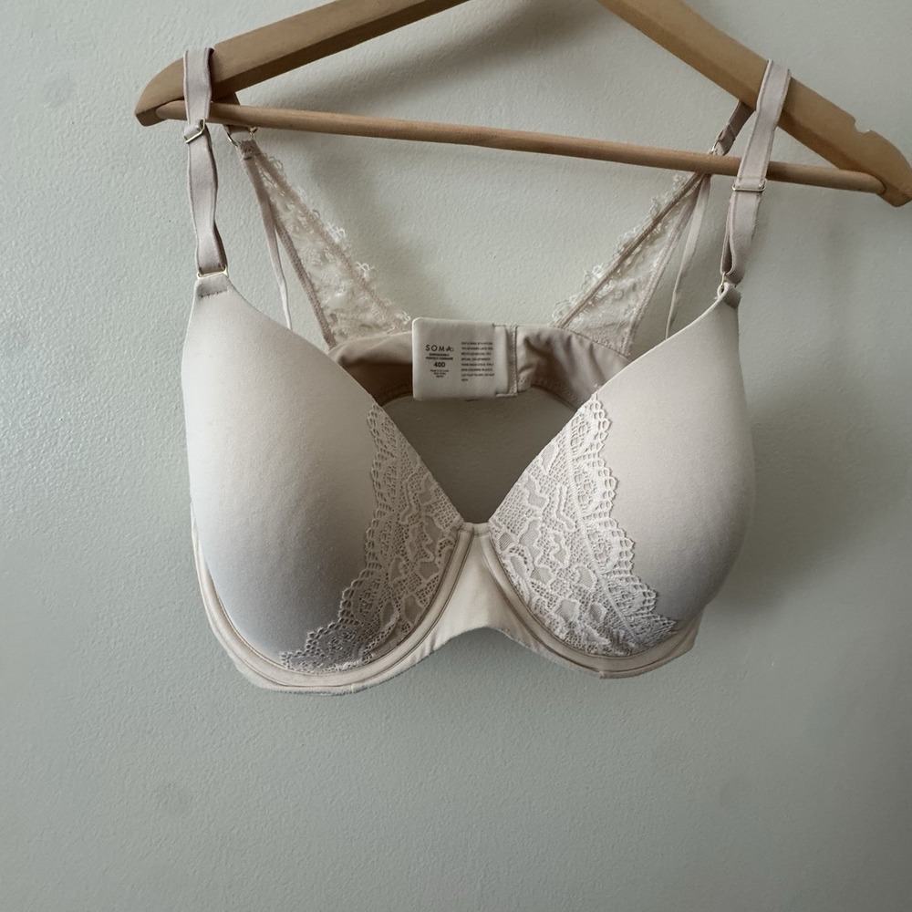 Soma Embraceable Perfect Coverage Bra 40D Beige With Partial Lace Overlay